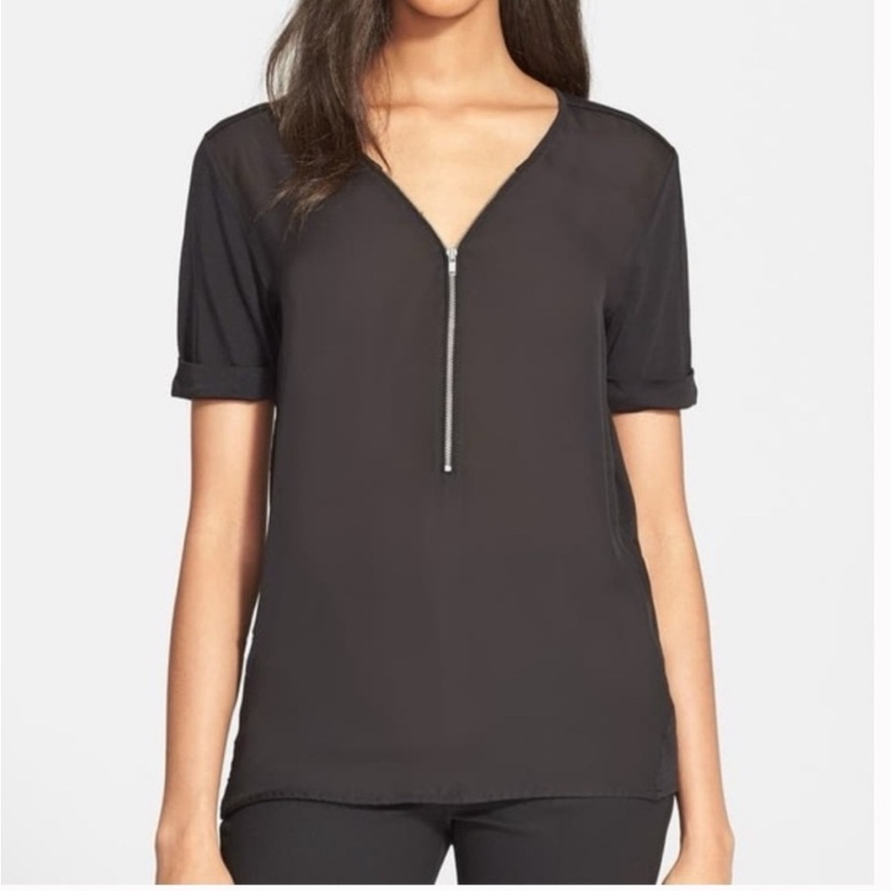 Apt. 9 Black Half Zip Mixed Media Blouse Short Sleeve Top Women’s Large